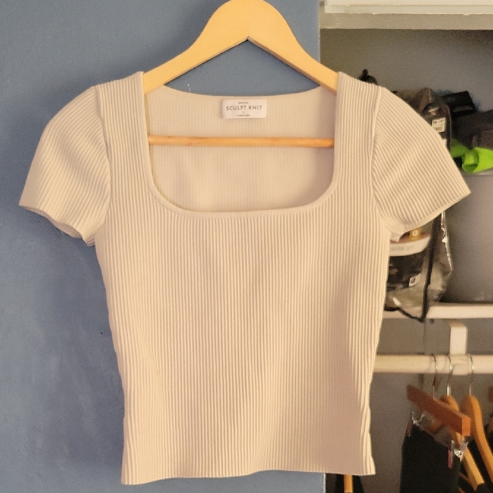 Aritzia Cream Fitted Ribbed Blouse with Cap Sleeves